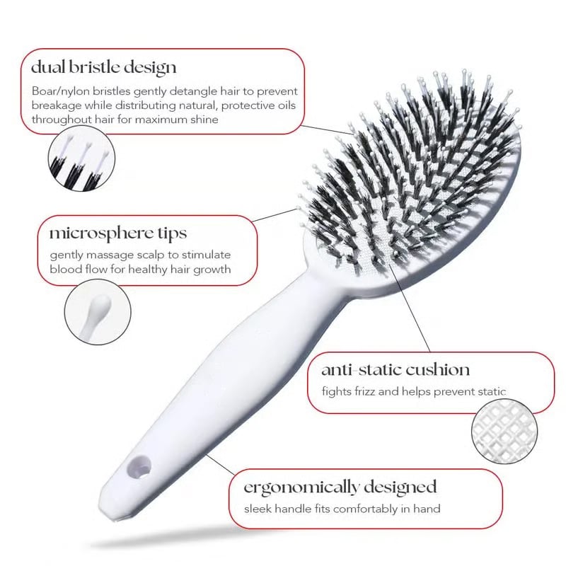 Boar Bristle Brush with Nylon Bristles and Microsphere Massaging