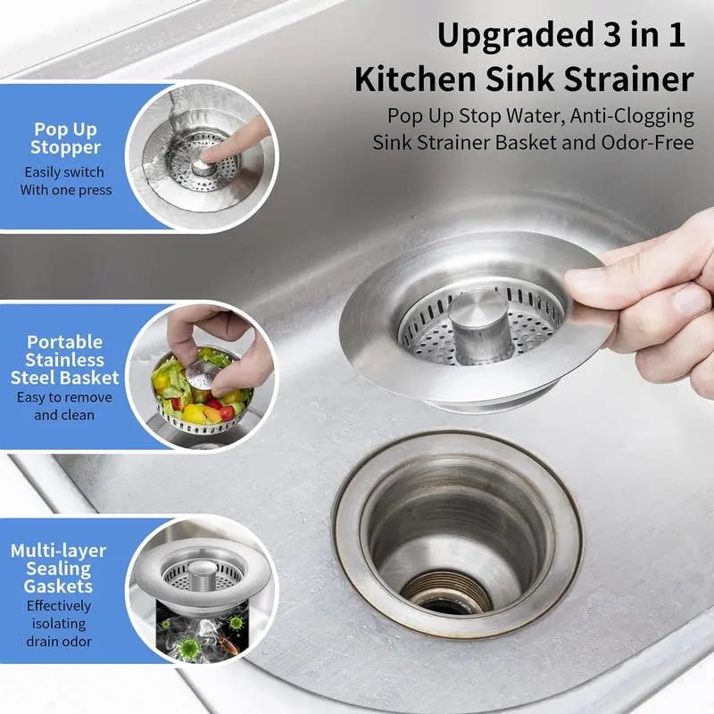 🏆Flash Sale⚡ 30K+ SOLD!🔥- Upgraded 3 in 1 Kitchen Sink Drain Strainer